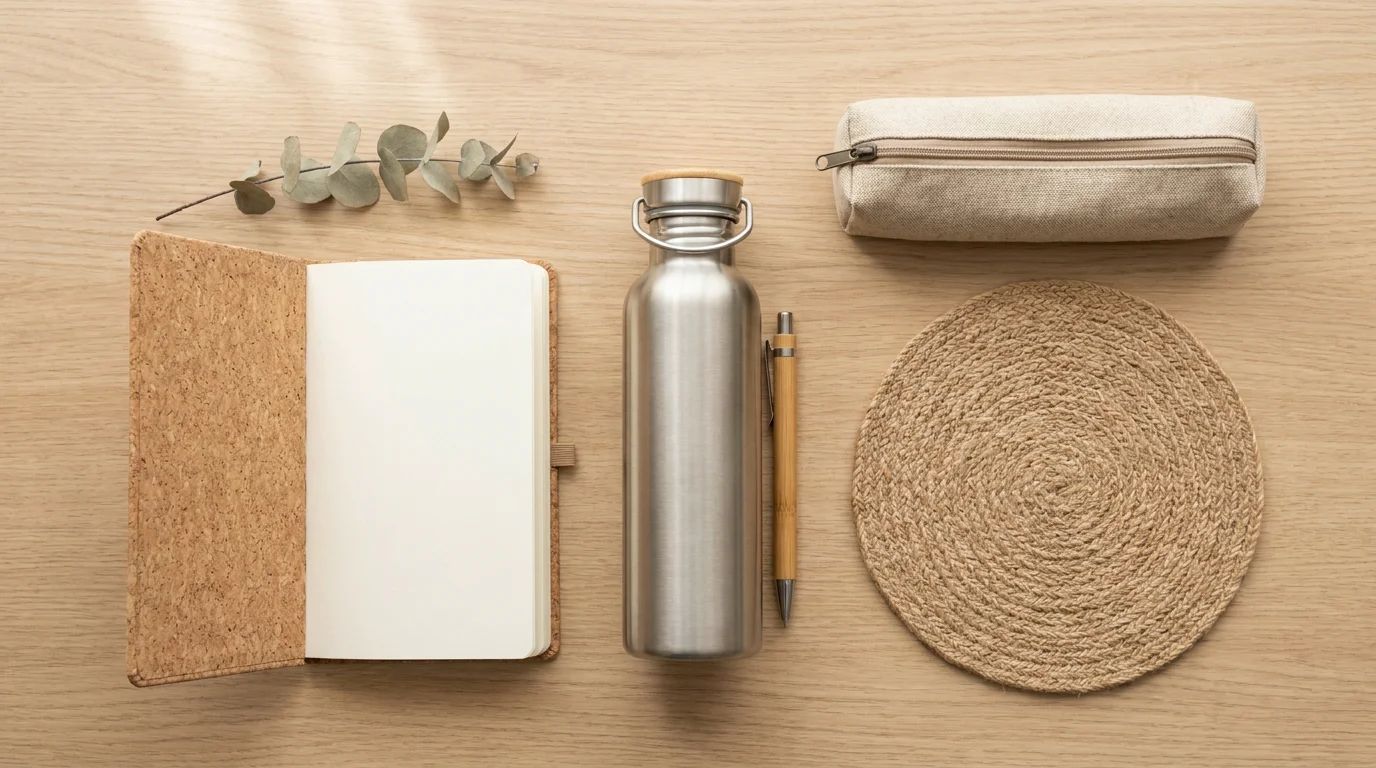 Assortiment de goodies de bureau éco-responsables : carnet en liège, gourde inox, stylo bambou et trousse coton recyclé