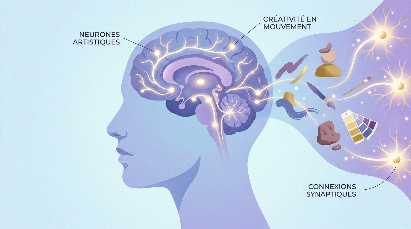 Illustration de la plasticité cérébrale activée par l'art-thérapie avec connexions neuronales lumineuses