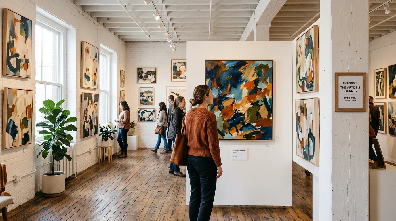 Visitor viewing original paintings inside a local art gallery