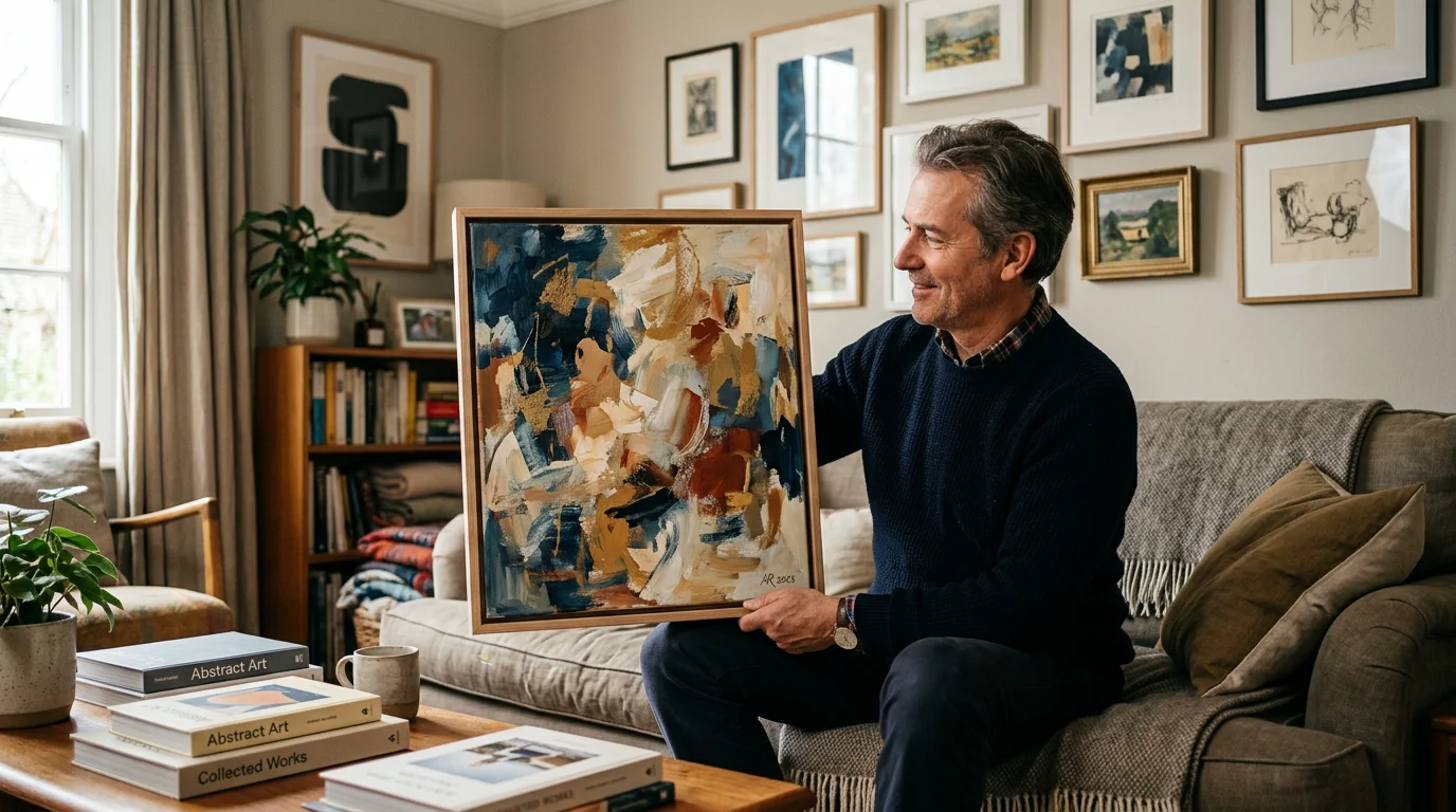 Collector holding an original canvas painting at home