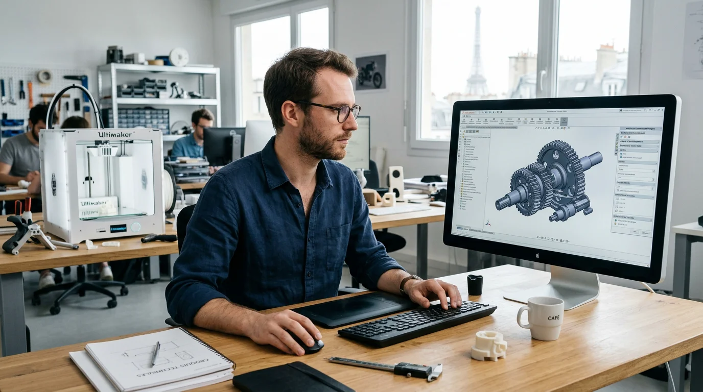 Concepteur européen modélisant une pièce mécanique en 3D sur ordinateur