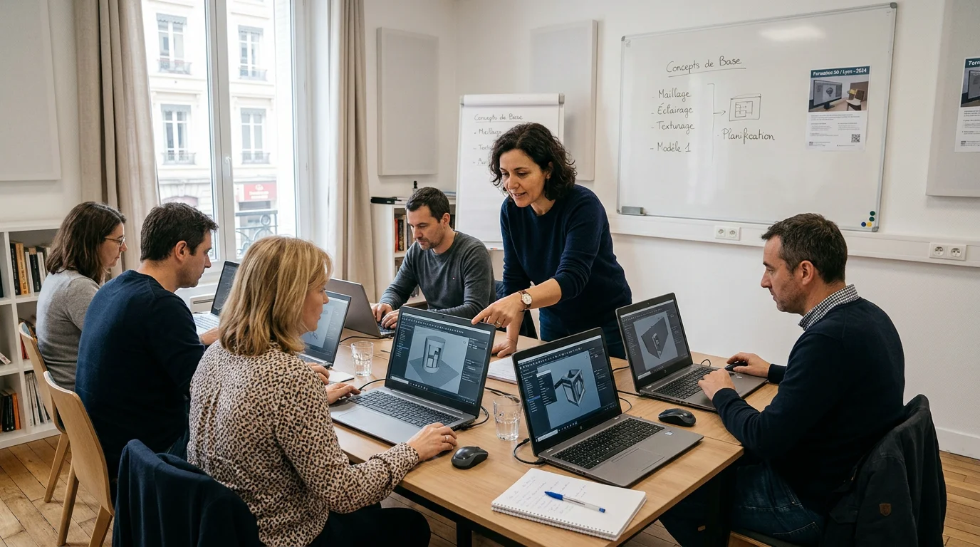 Formation à la modélisation 3D avec des apprenants européens en salle