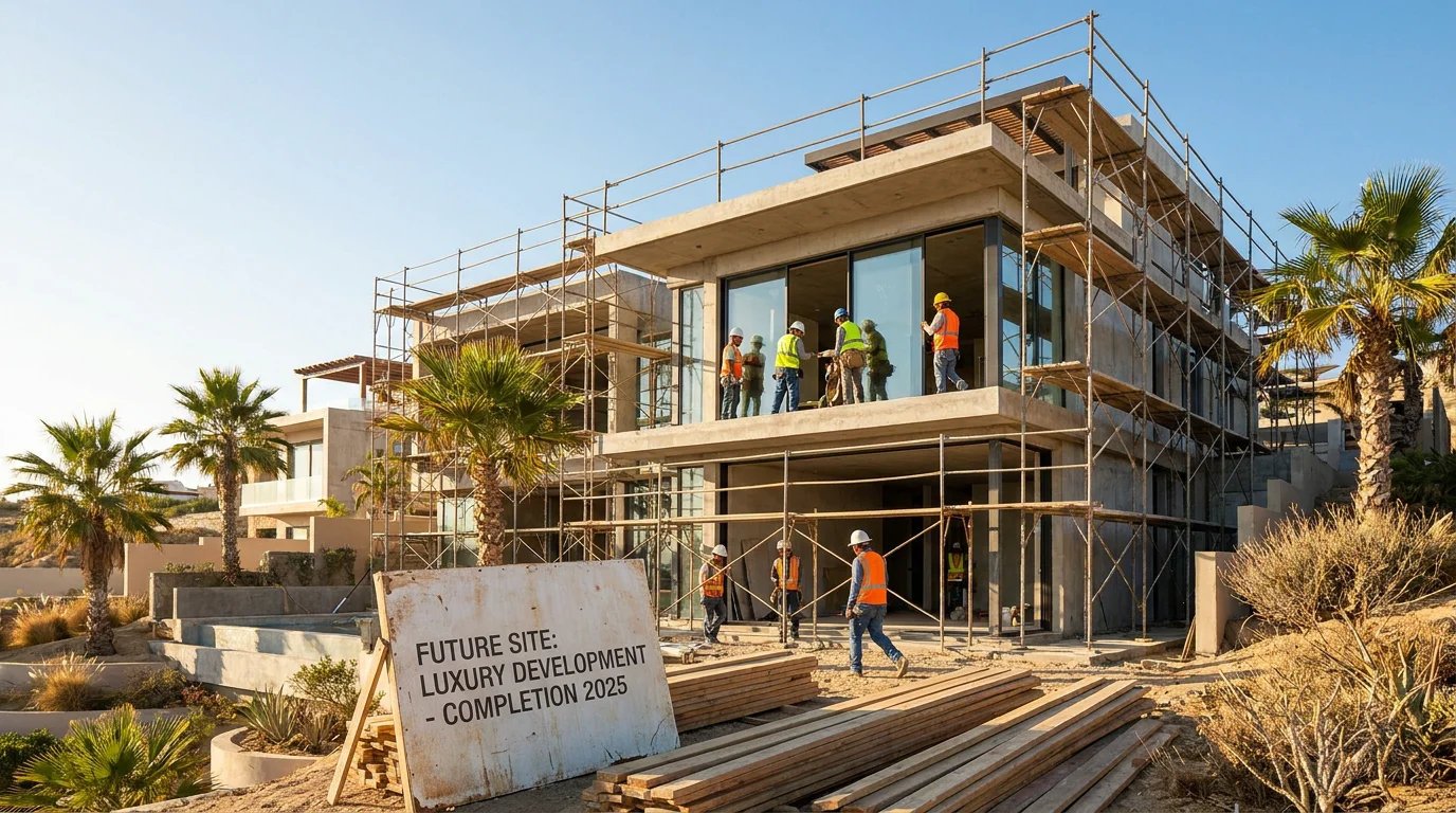 Luxury villa undergoing renovation in a warm climate, illustrating a property flip investment project