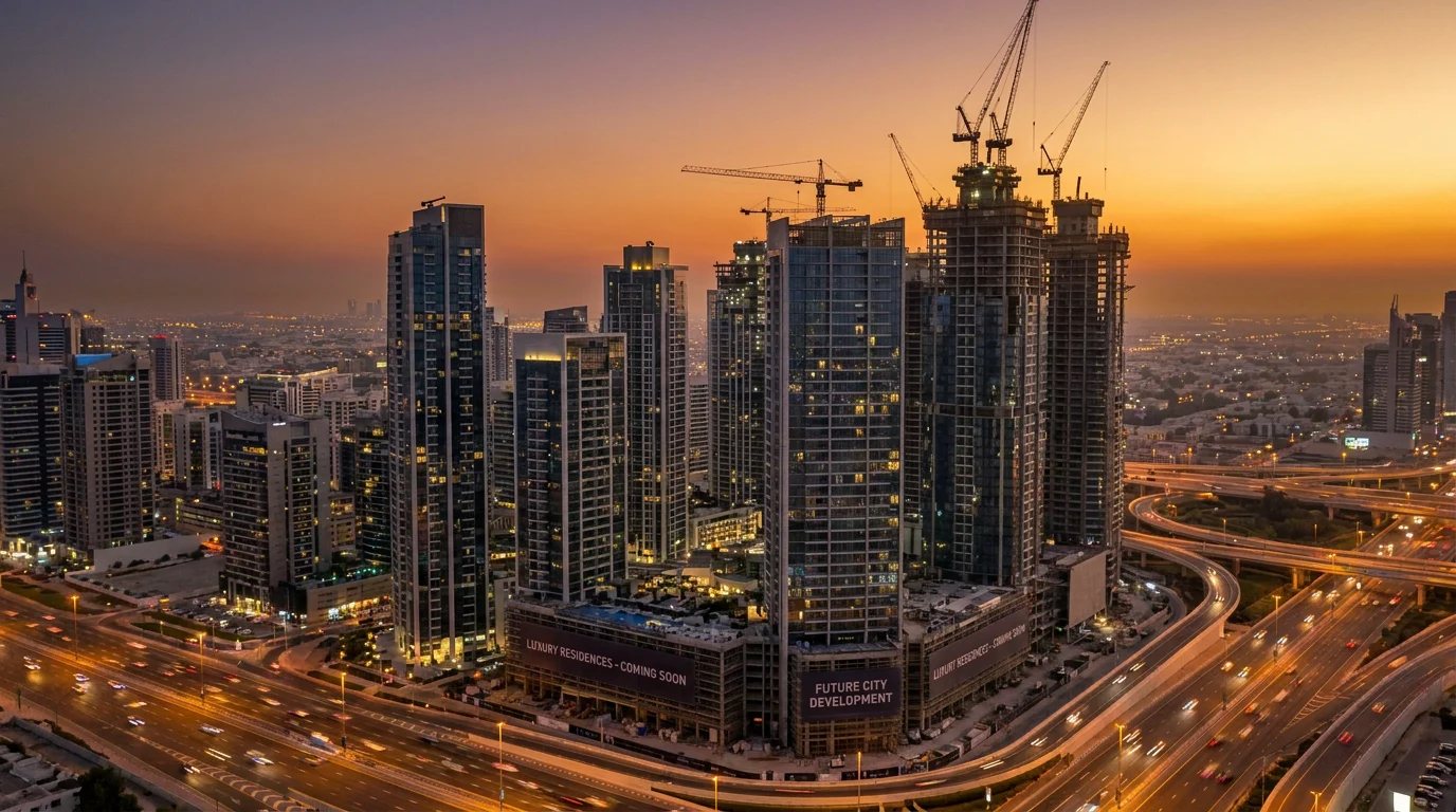 Aerial view of a modern city skyline with construction cranes symbolizing real estate growth in 2026