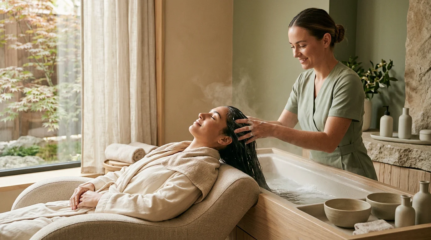 Praticienne réalisant un protocole Head Spa japonais sur un client détendu