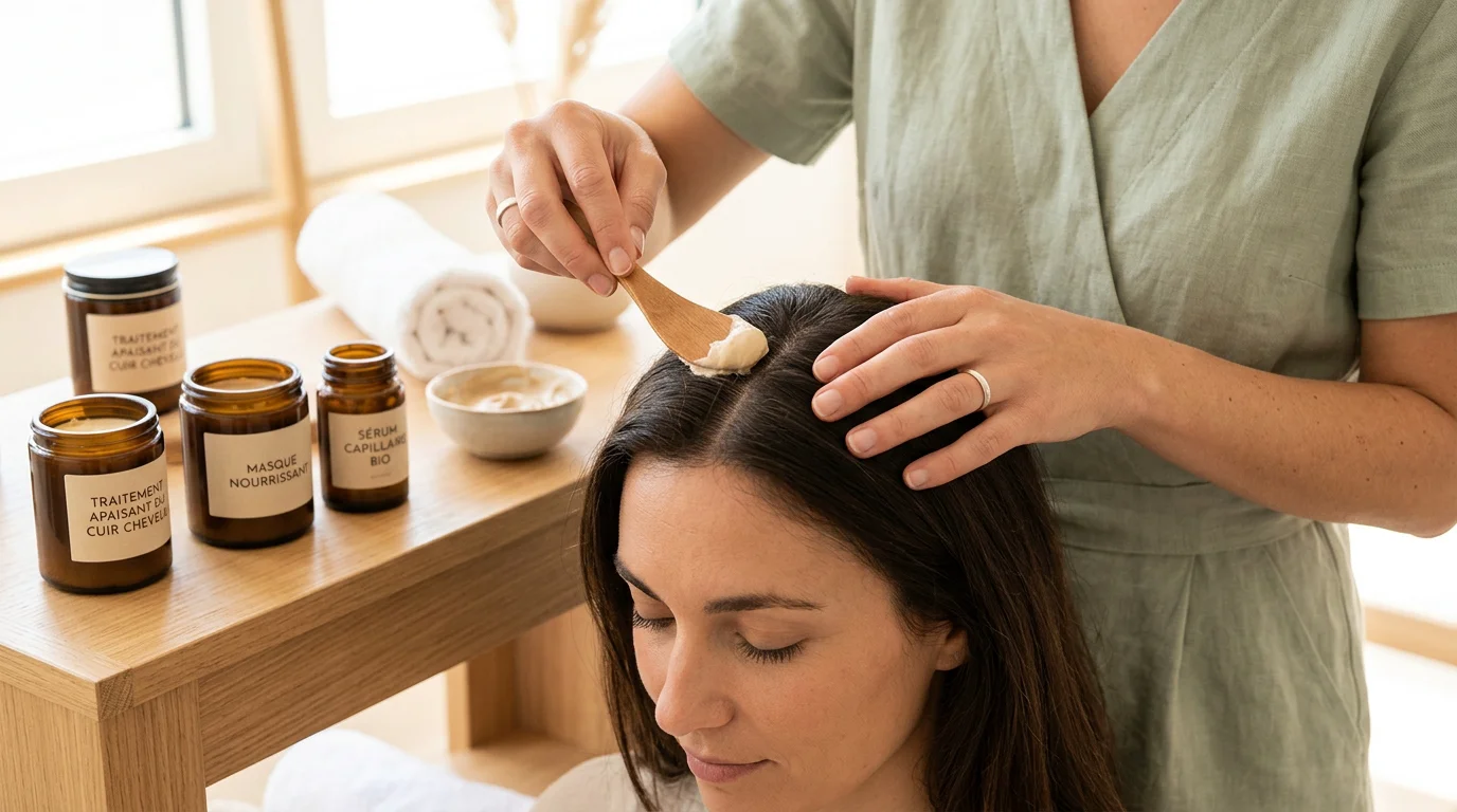 Application d'un soin nourrissant sur le cuir chevelu pendant un protocole Head Spa