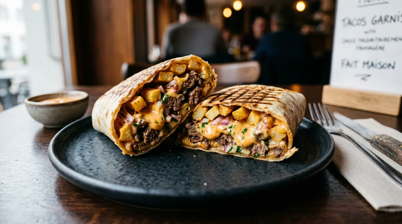 Swiss tacos coupé en deux montrant viande, frites et sauce fromagère