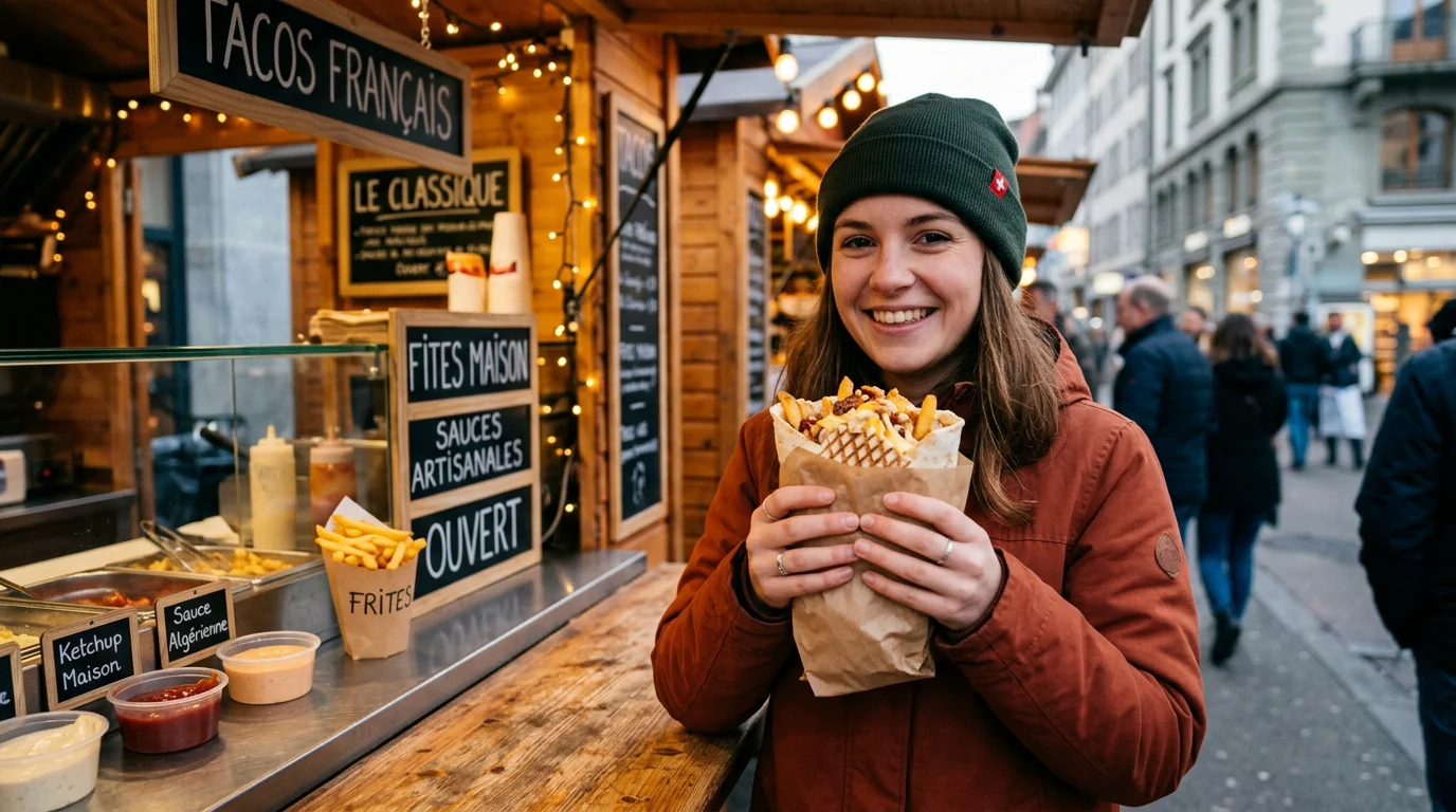 Personne dégustant un swiss tacos dans un cadre urbain à Genève