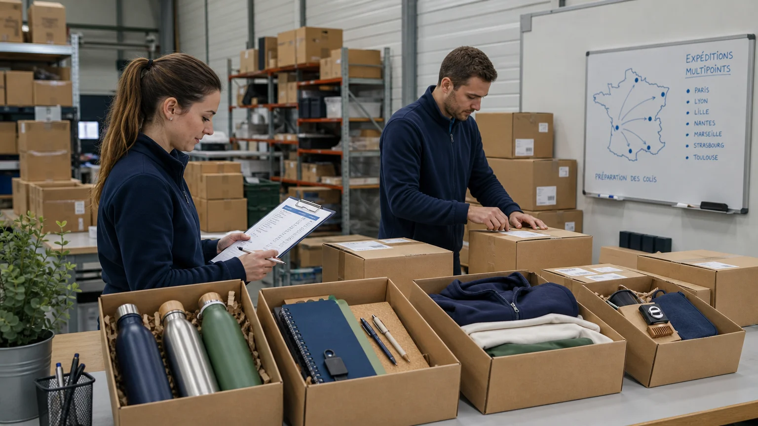 Préparation logistique de colis de goodies pour plusieurs destinataires