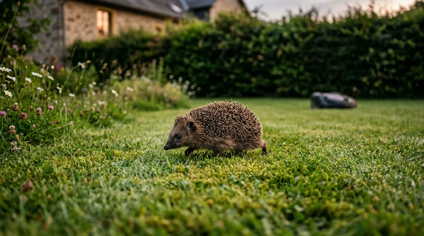 Hérisson traversant une pelouse au crépuscule près d'une haie