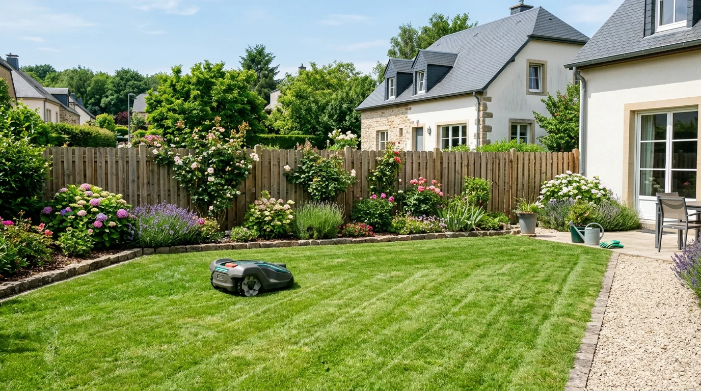 Robot de tonte parcourant une pelouse de jardin bien entretenue