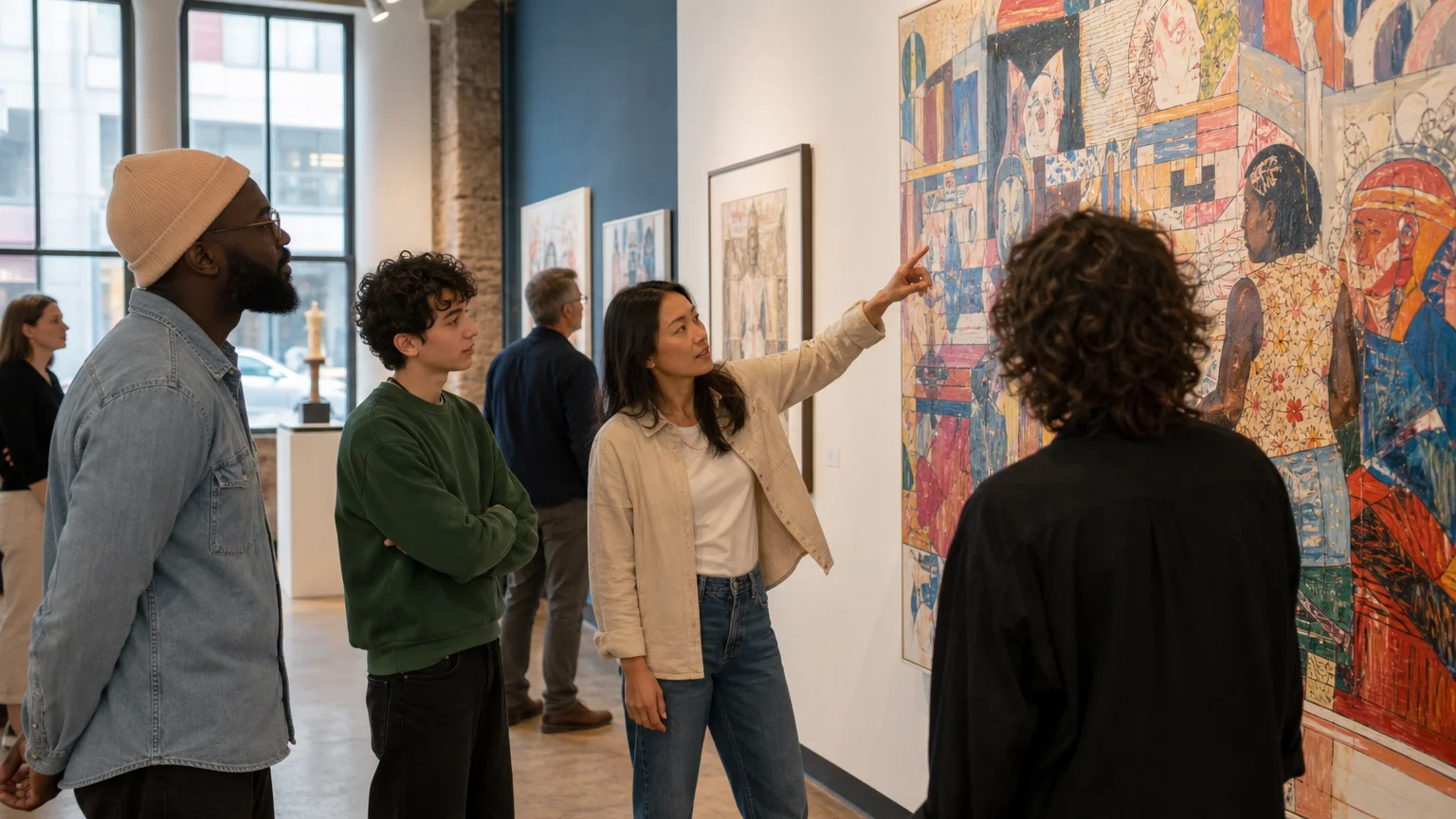 Visitors discussing a contemporary artwork together in a gallery