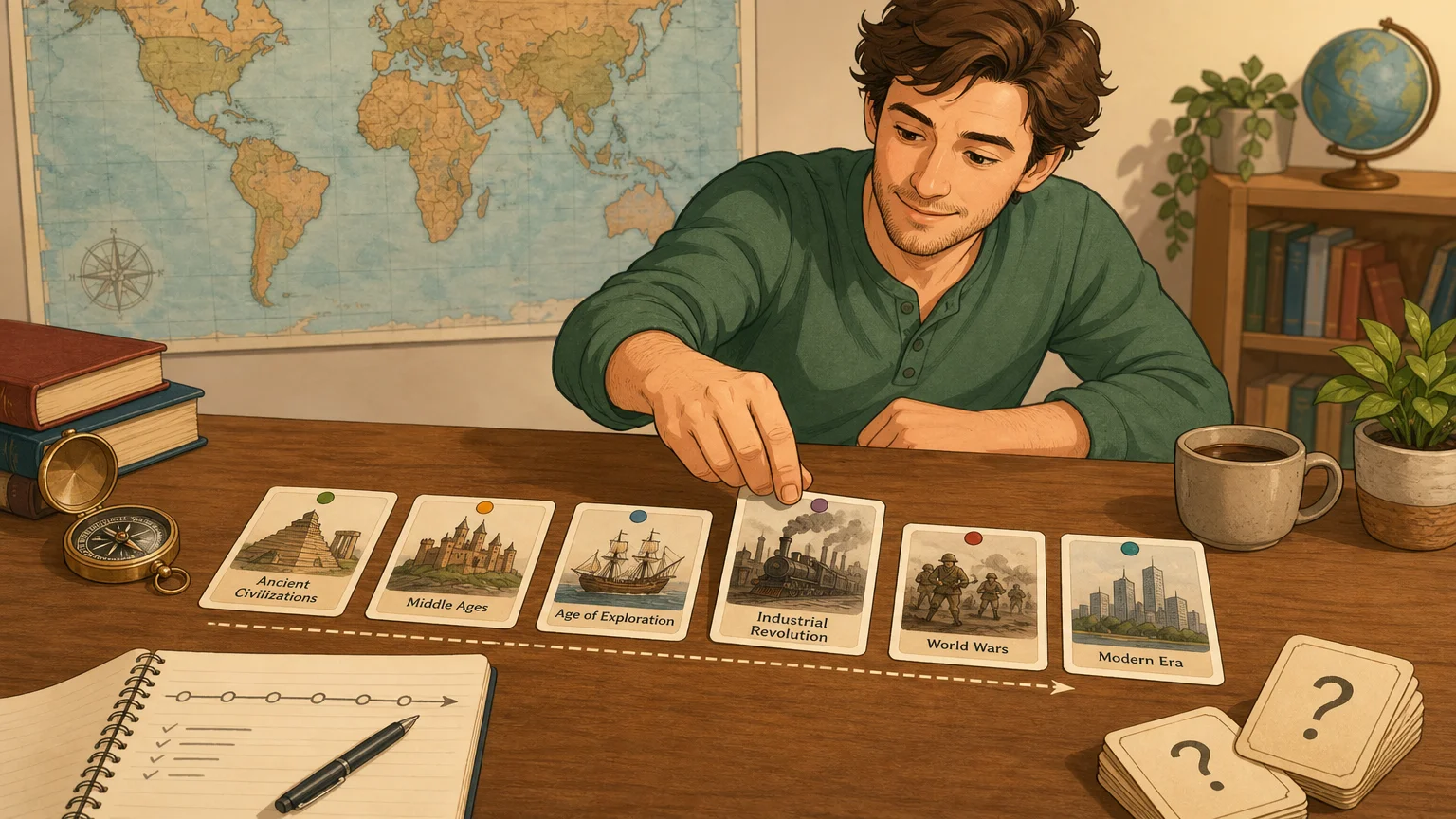 European learner arranging timeline cards during a history quiz
