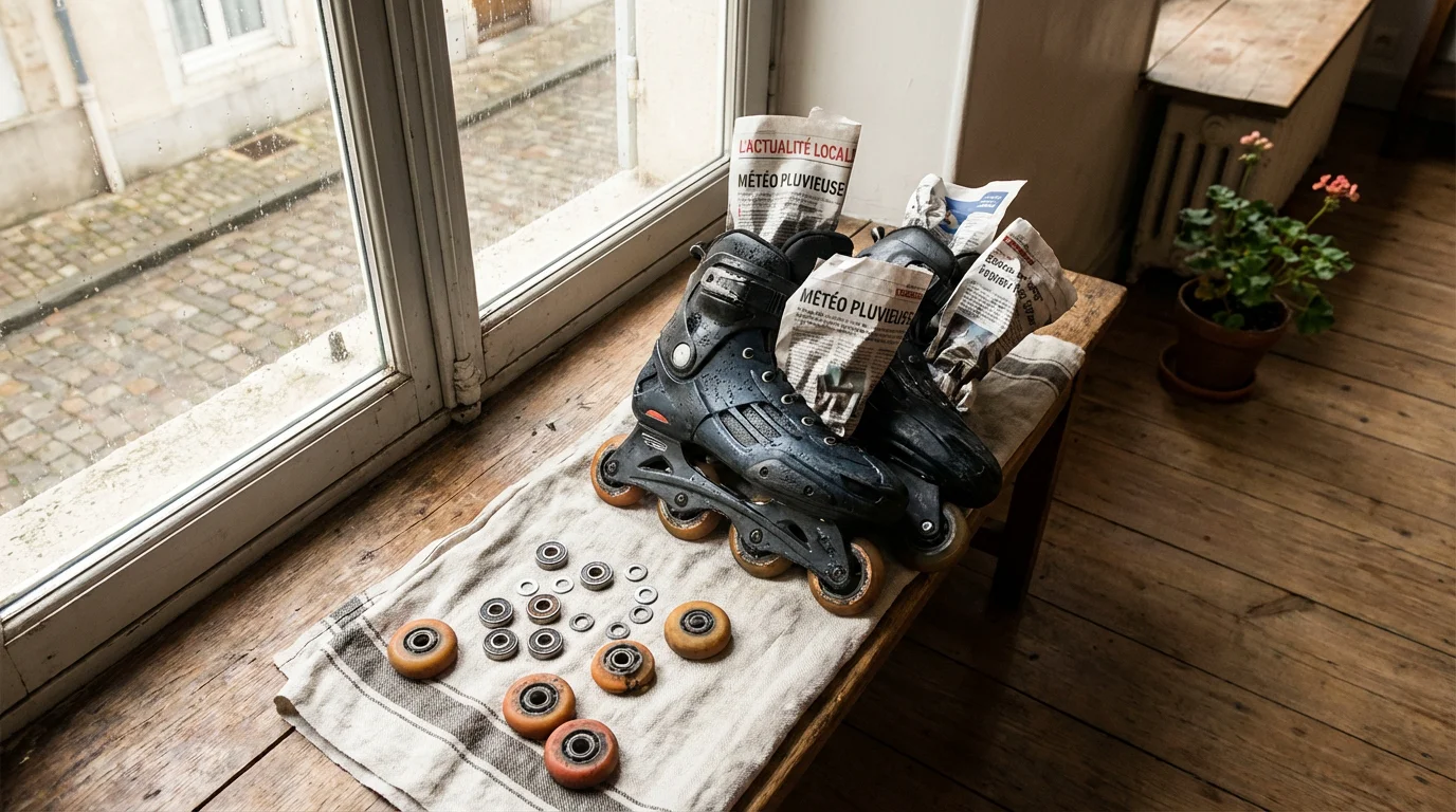 Rollers mouillés en train de sécher avec du papier journal près d'une fenêtre