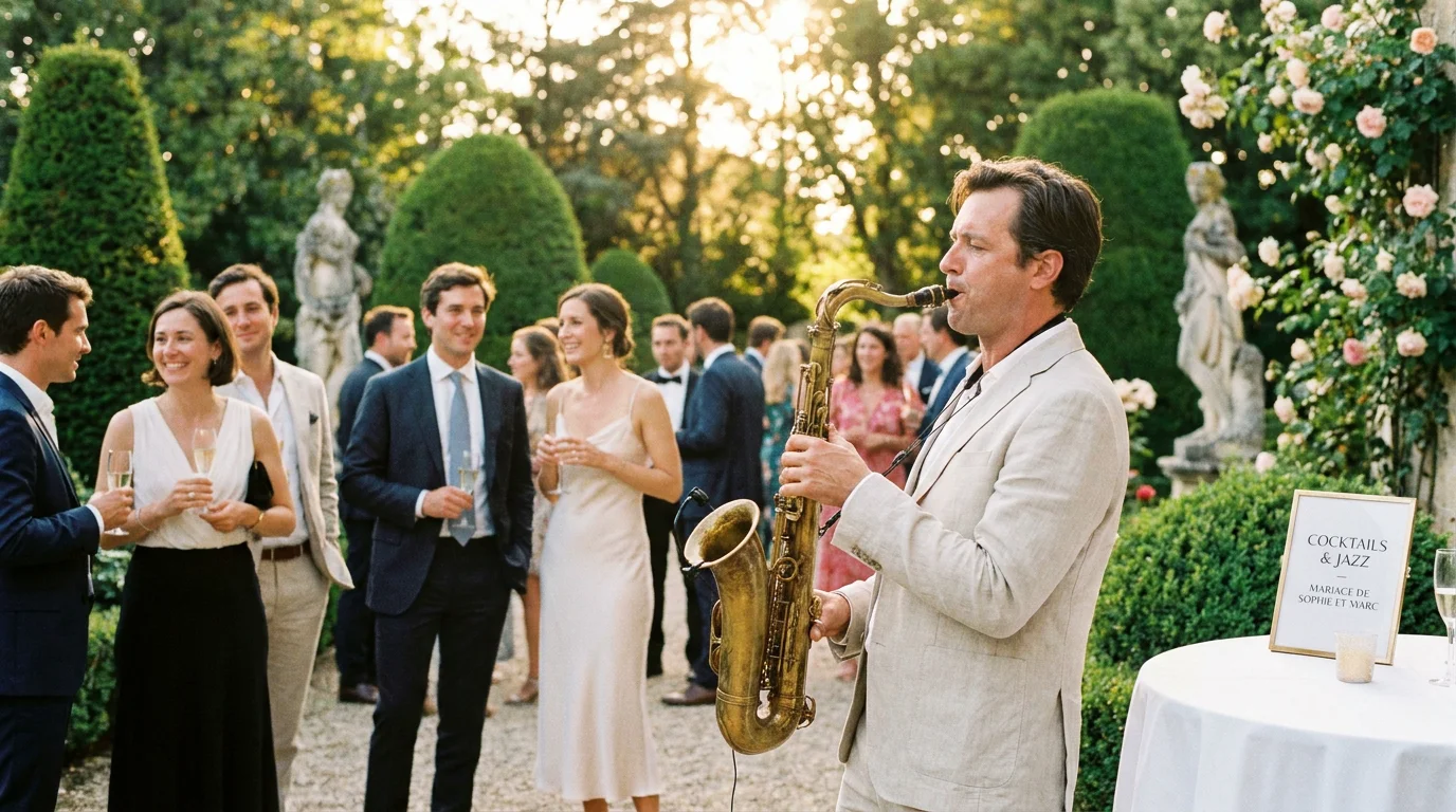 Saxophoniste jouant lors d'un cocktail de mariage en plein air en France
