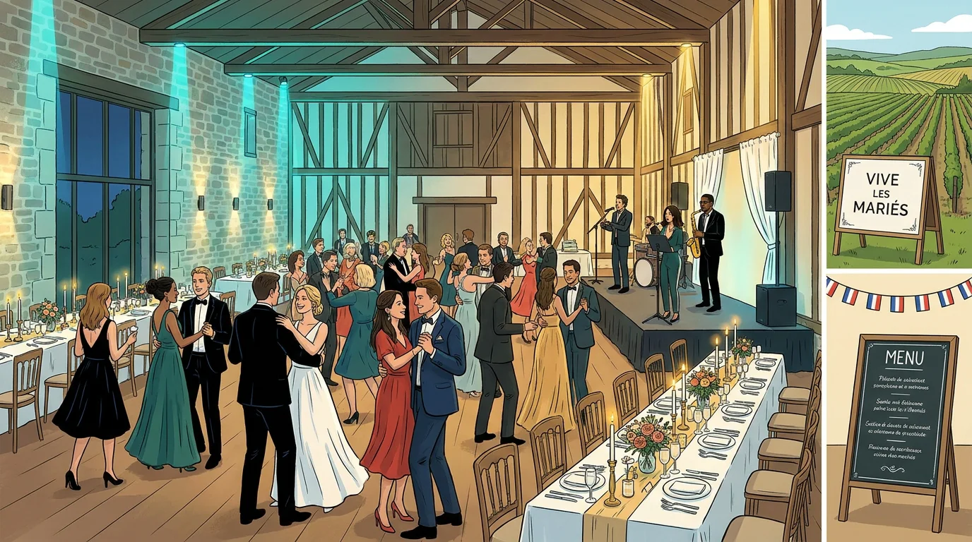 Salle de réception de mariage avec éclairage LED architectural et invités dansant