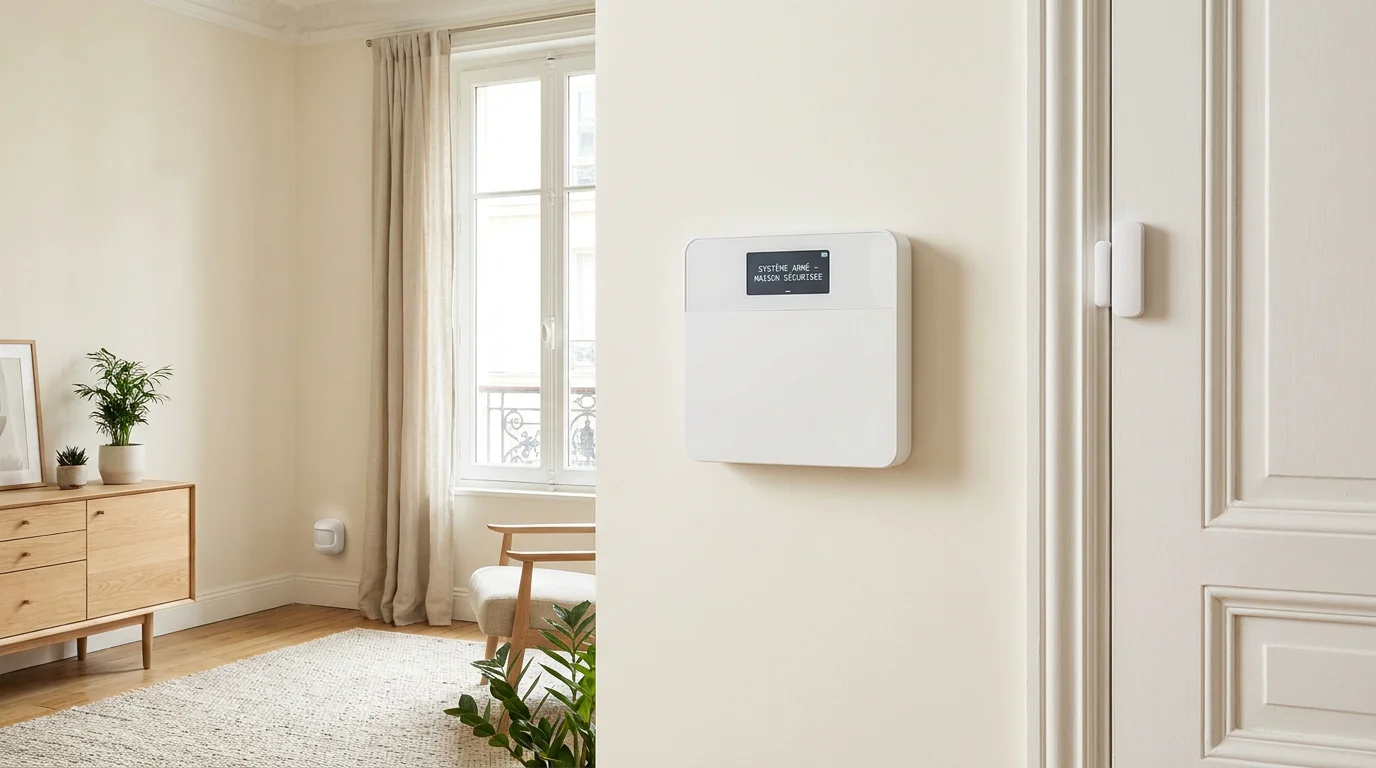 Système d'alarme WiFi sans fil installé dans un salon moderne avec centrale murale et détecteur de mouvement