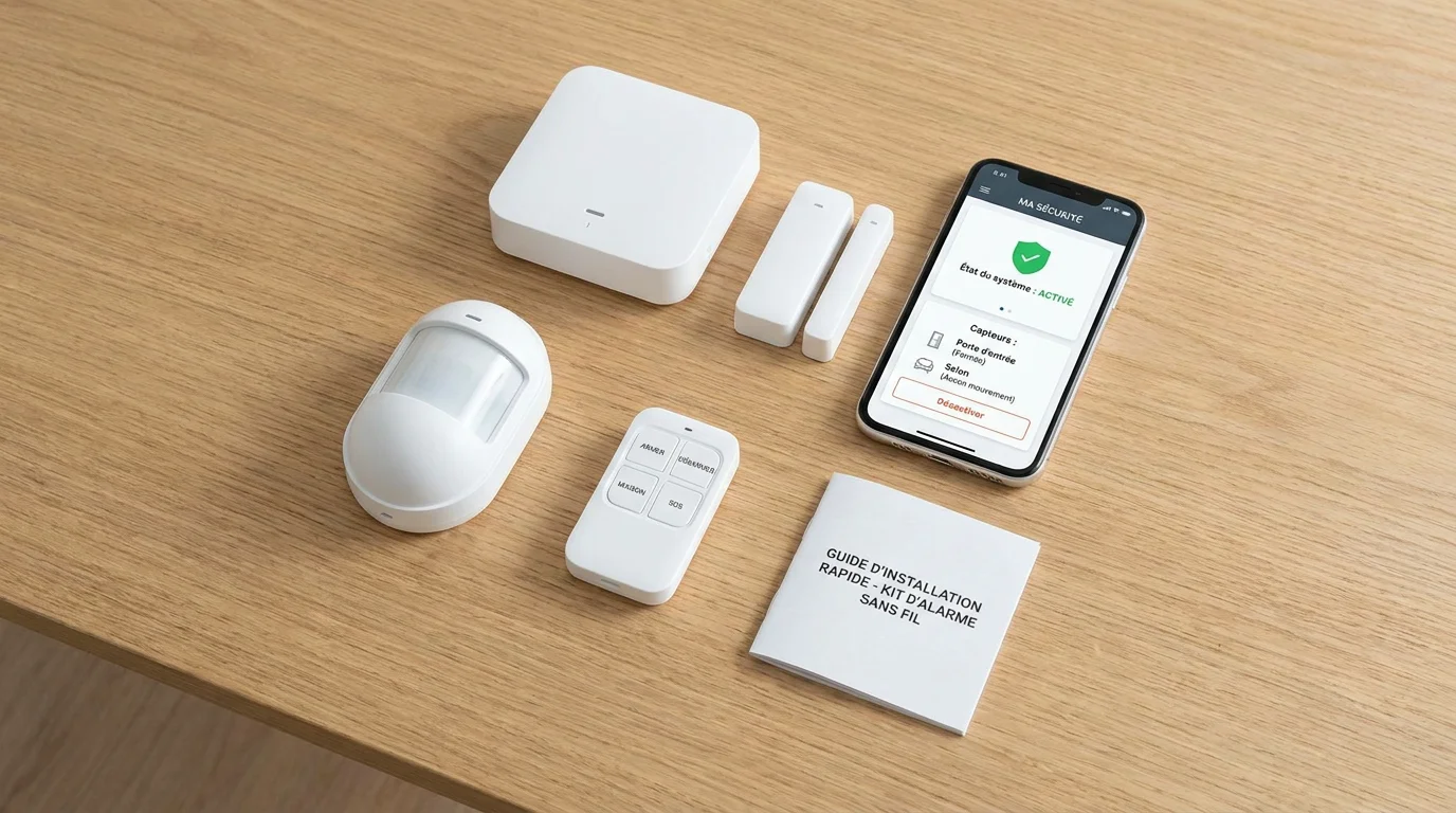Composants d'un kit alarme WiFi disposés sur un bureau avec smartphone affichant une application de sécurité