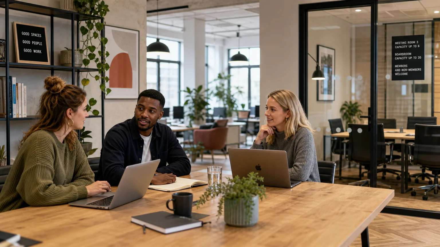 Team collaborating at a shared coworking table near a private office