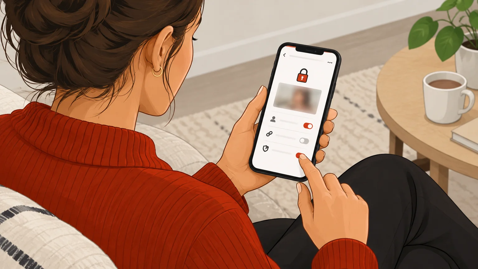 Créatrice vérifiant les réglages d’accès à un contenu privé sur son téléphone