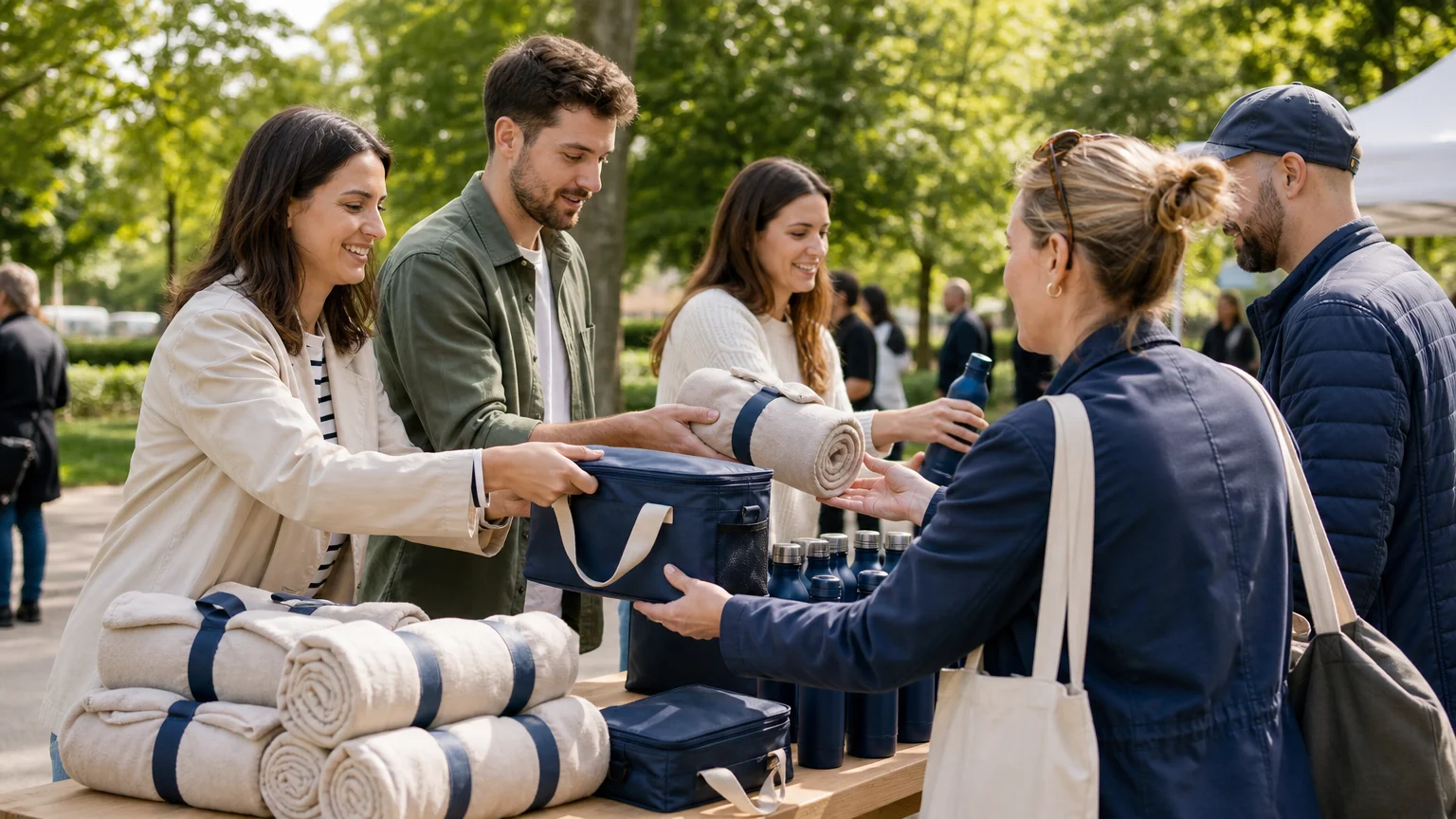 Distribution de goodies de pique-nique lors d’un événement professionnel
