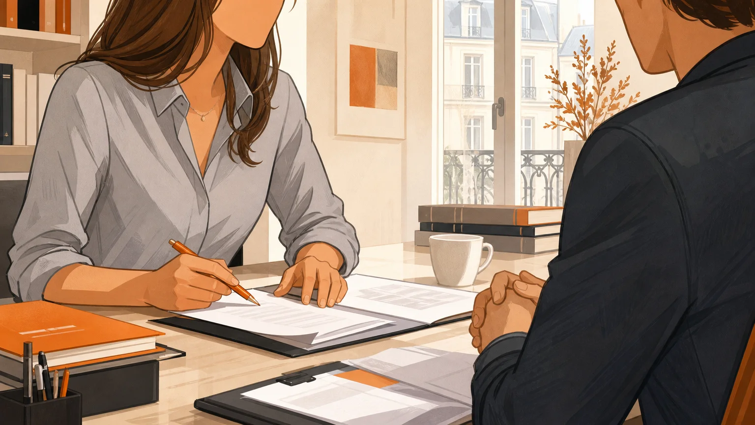 Échange confidentiel entre deux personnes autour d’un dossier juridique dans un bureau.