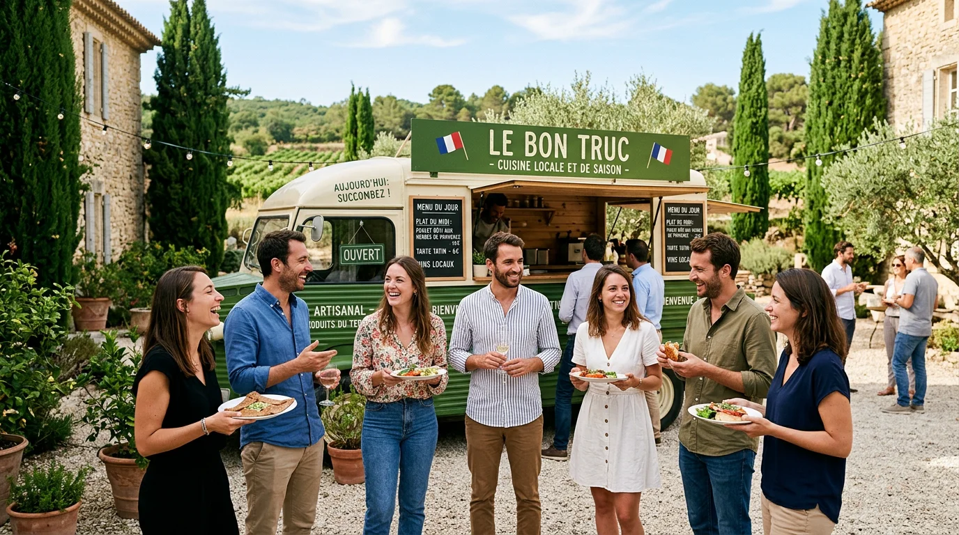 Collaborateurs réunis autour d'un food truck lors d'un événement d'entreprise en Provence