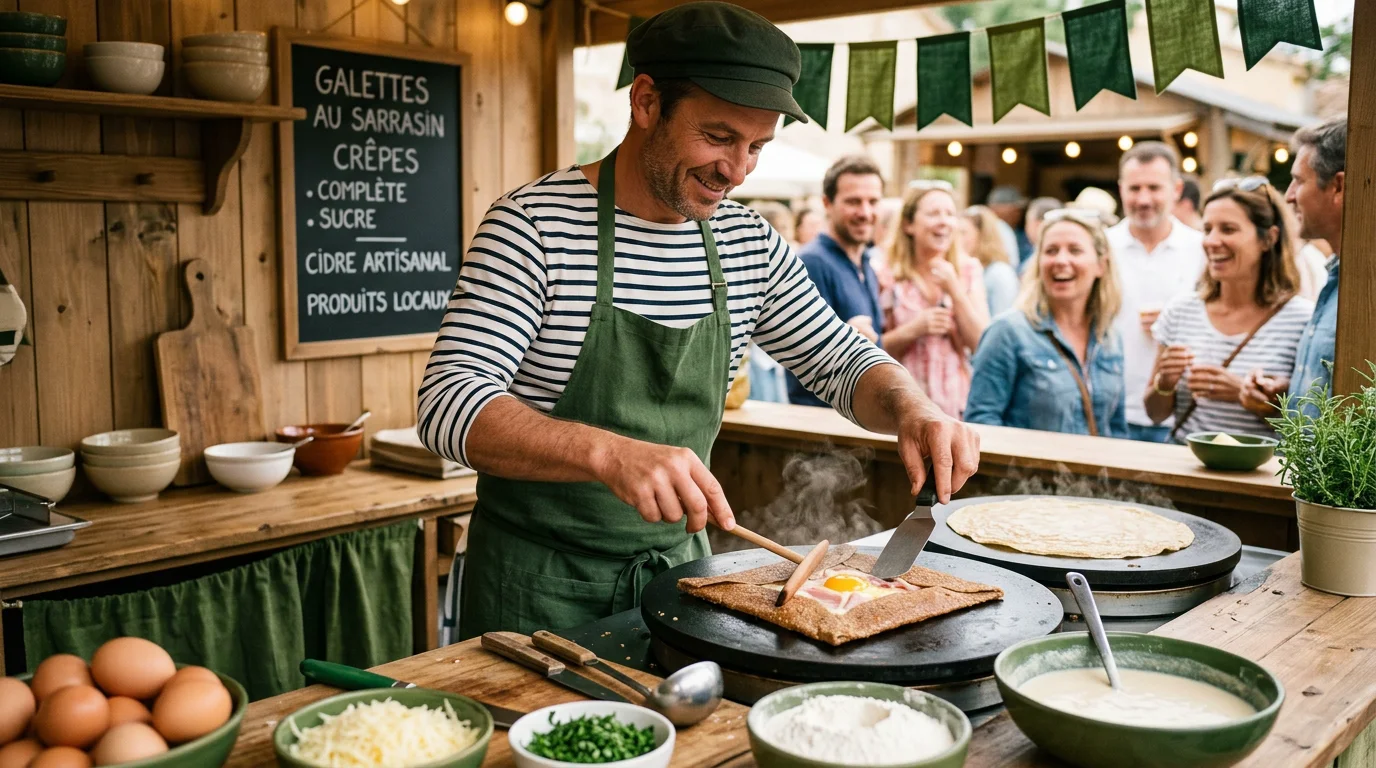 Préparation en direct de galettes de sarrasin et crêpes lors d'un événement professionnel