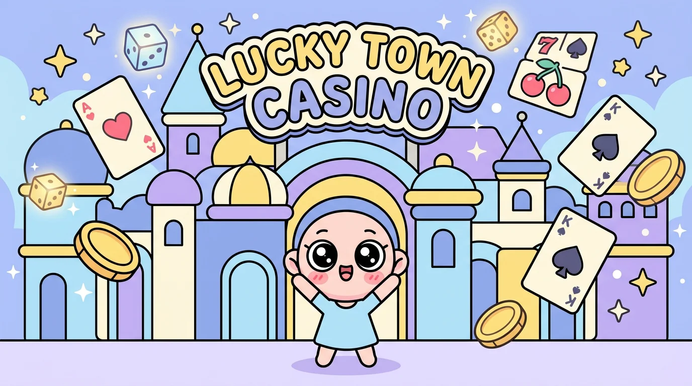 Cute cartoon character standing excitedly at a colorful casino entrance with floating cards, coins, and dice