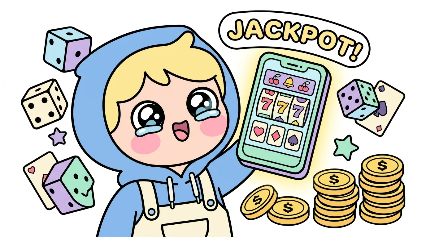 Cute cartoon character playing casino games on a smartphone surrounded by floating game icons