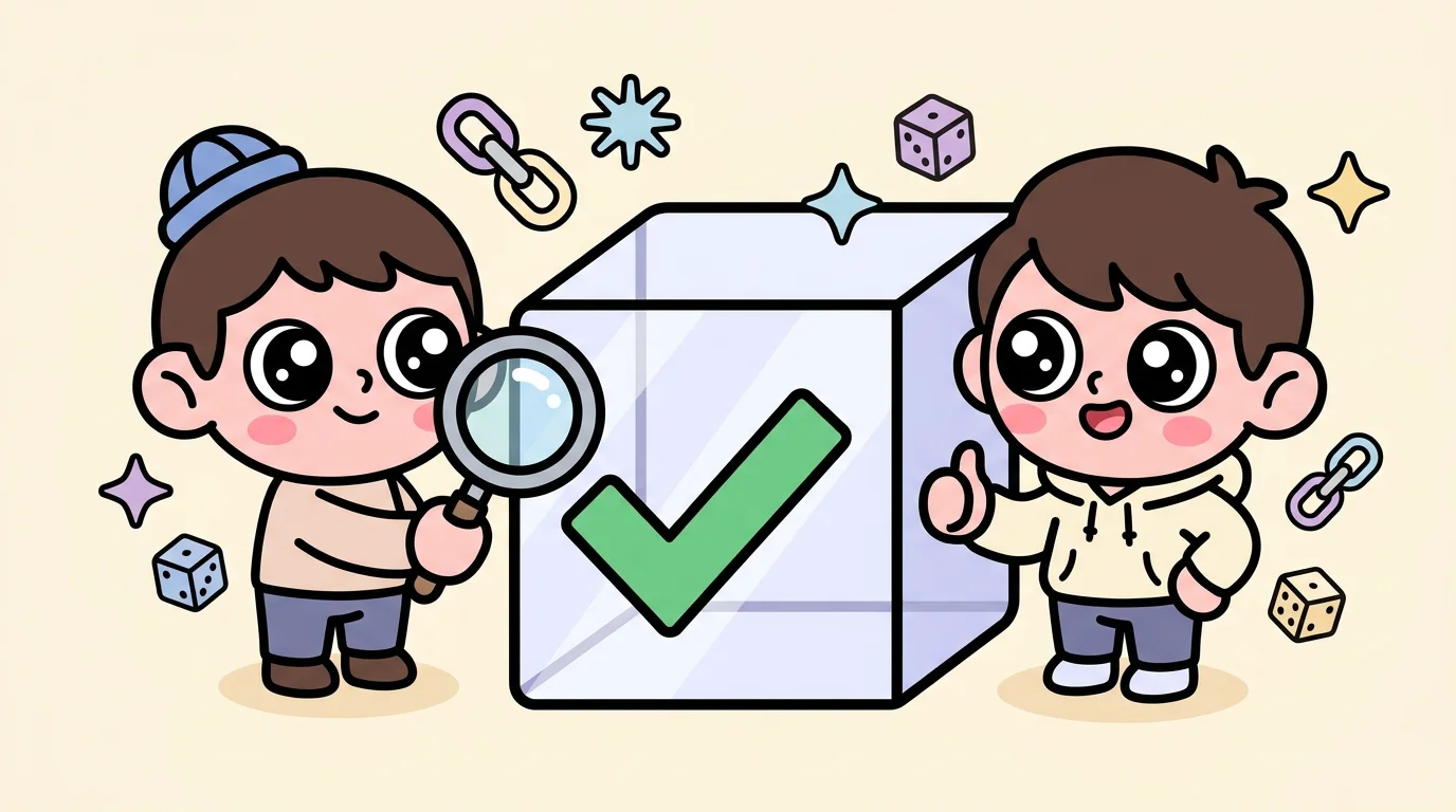 Cartoon characters verifying a blockchain game result with a magnifying glass and thumbs up