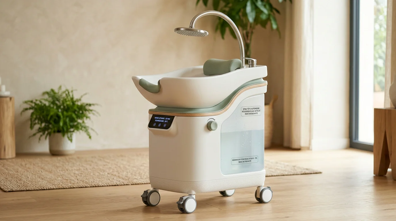 Bac head spa autonome sans raccordement sur roulettes en studio