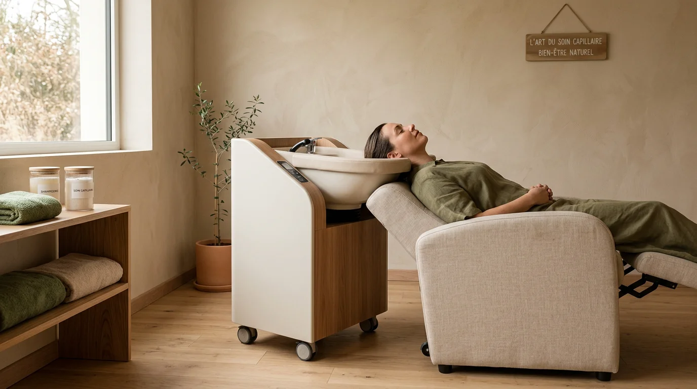 Bac head spa autonome sur roulettes dans une cabine bien-être moderne