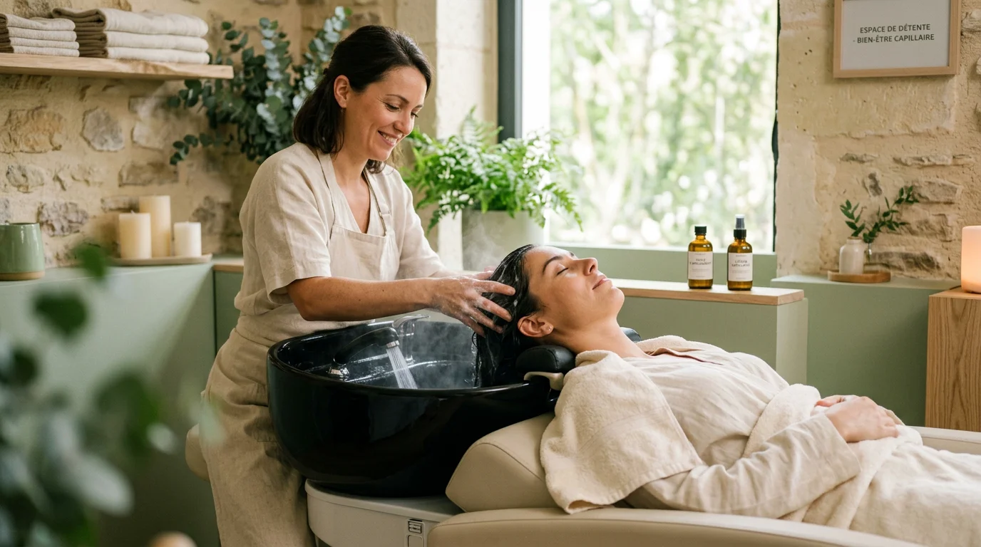 Praticienne réalisant un soin head spa japonais sur une cliente détendue