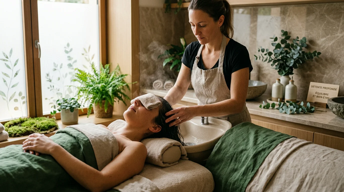 Client détendu recevant un soin head spa relaxant