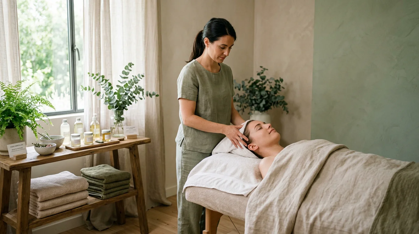 Praticienne réalisant un soin head spa dans un salon moderne