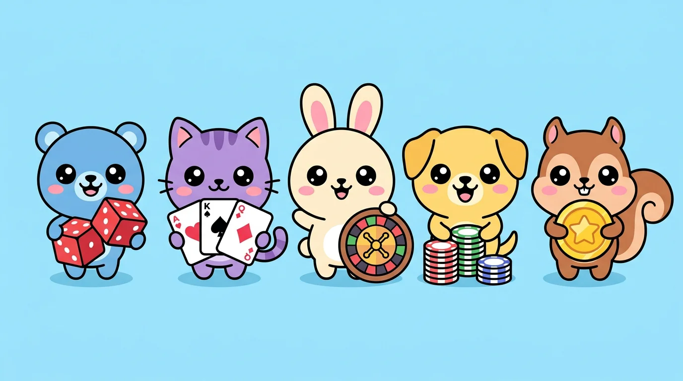 Row of cute chibi cartoon characters holding casino items like dice, cards, chips, and coins in pastel colors