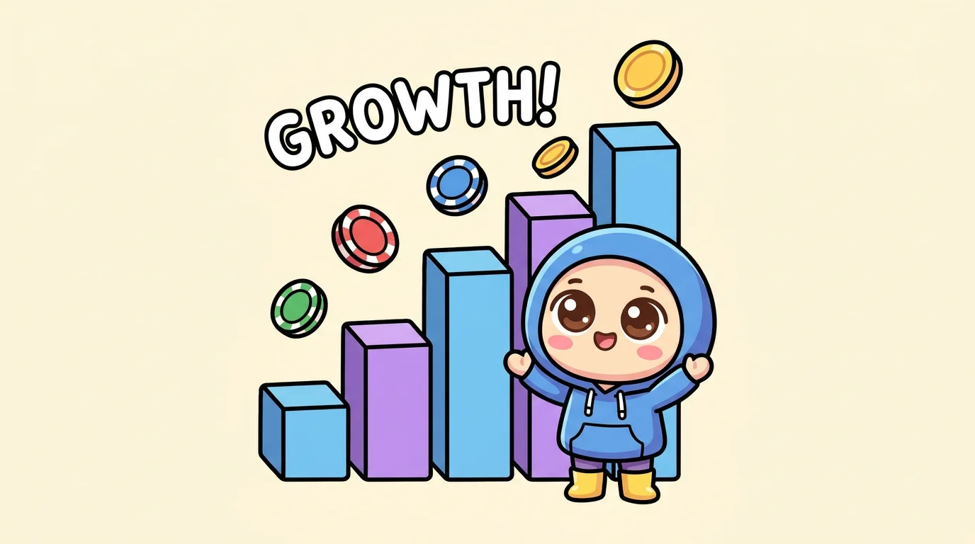 Cute cartoon character celebrating online casino market growth with rising chart and floating coins