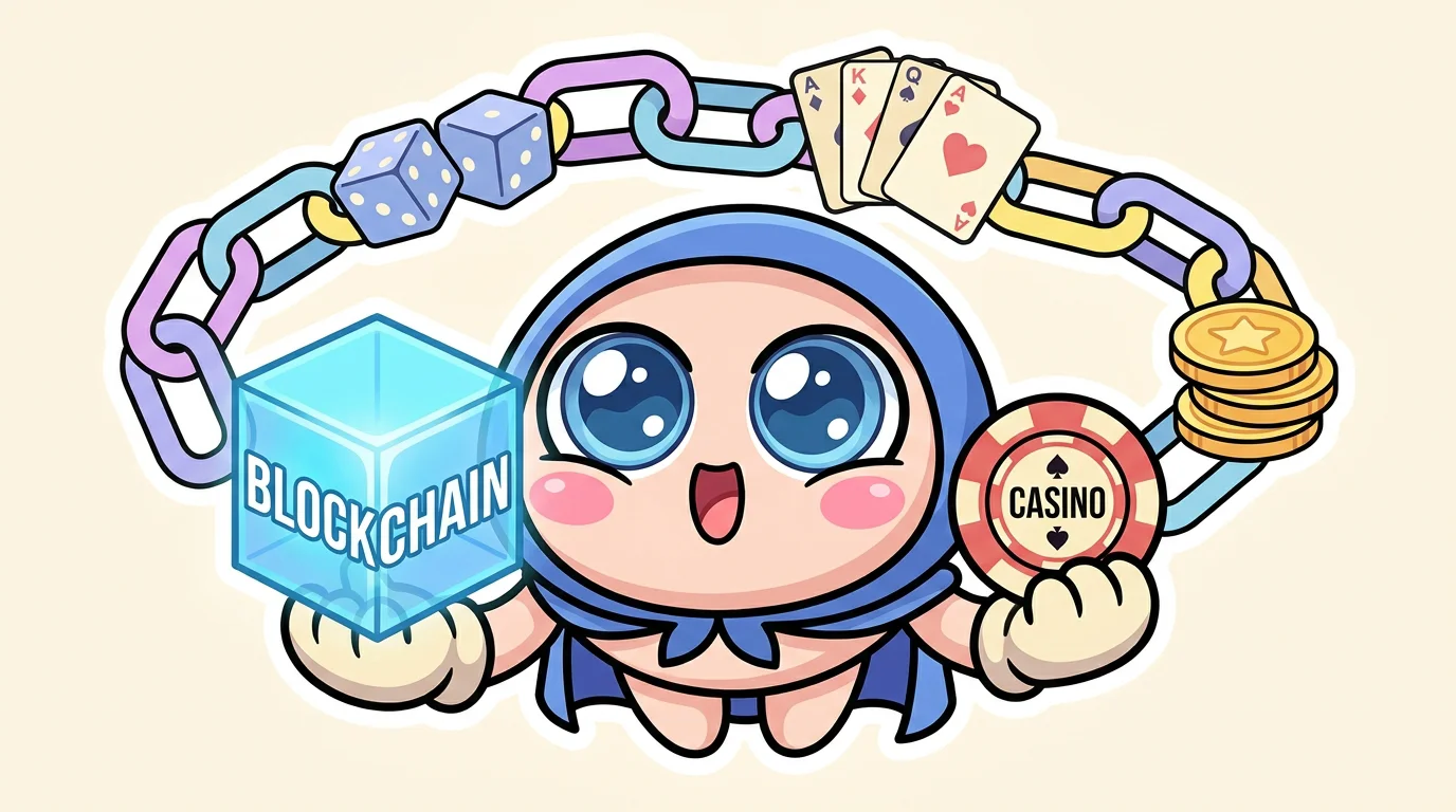 Cute cartoon character holding blockchain cube and casino chip surrounded by chain links and game icons