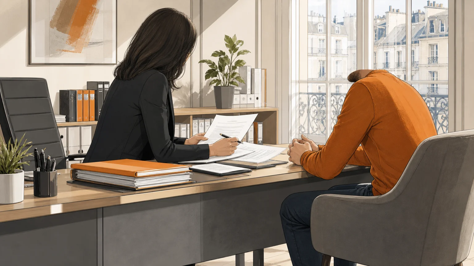 Échange professionnel entre un avocat et un client autour de documents dans un bureau.