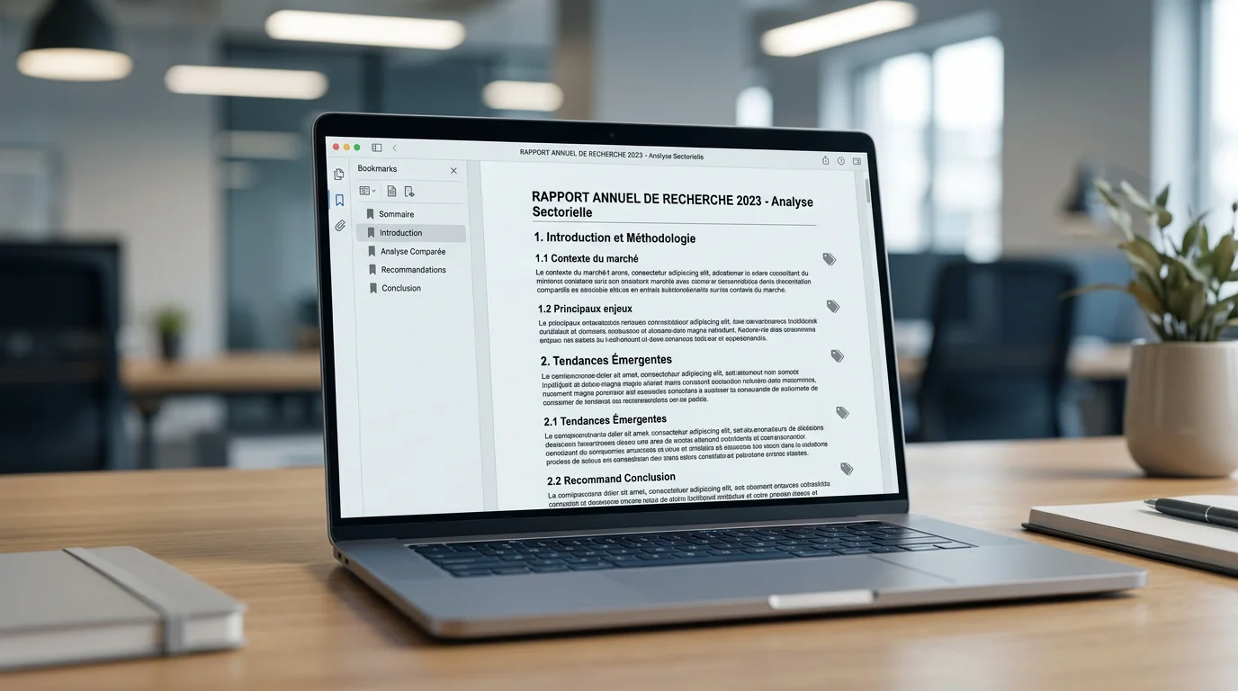 Écran d'ordinateur affichant un document PDF structuré avec titres hiérarchisés et panneau de signets