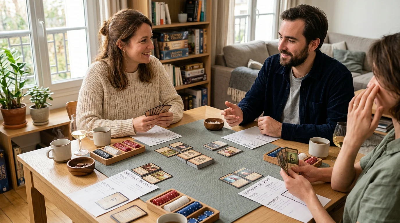 Tapis de jeu personnalisé sur une table lors d'une partie entre adultes