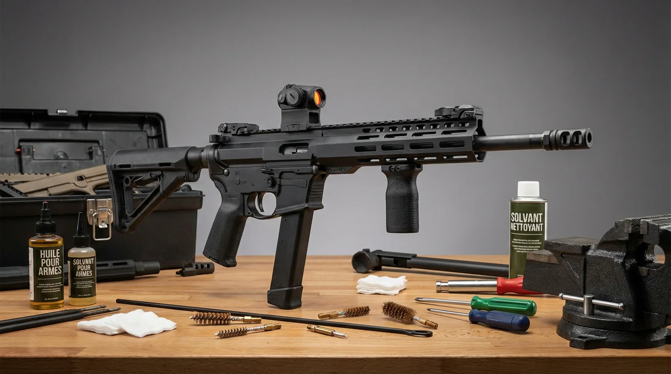 Carabine de type AR 9 en calibre 9x19 sur un établi d'armurerie