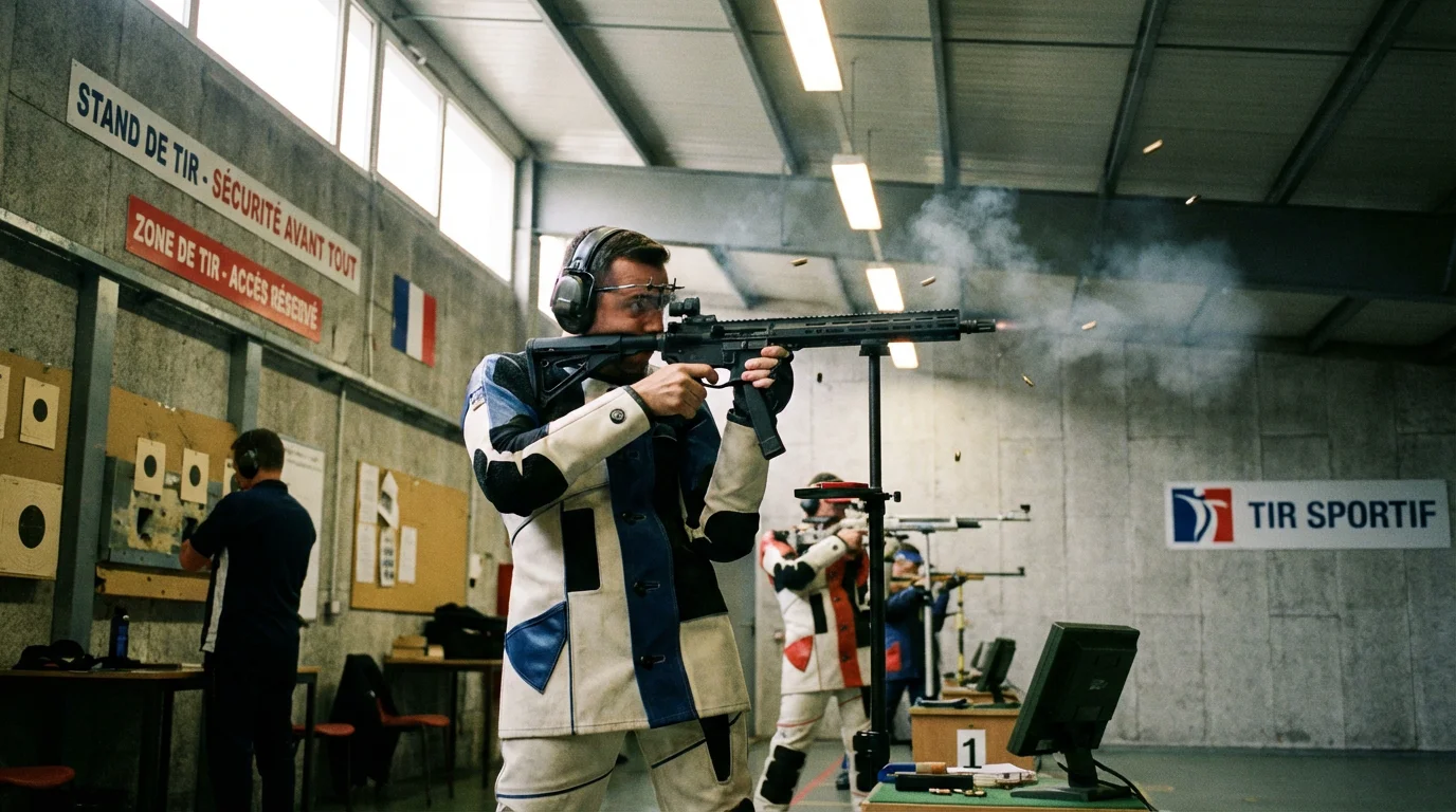 Tireur sportif en action avec une carabine PCC dans un stand de tir français
