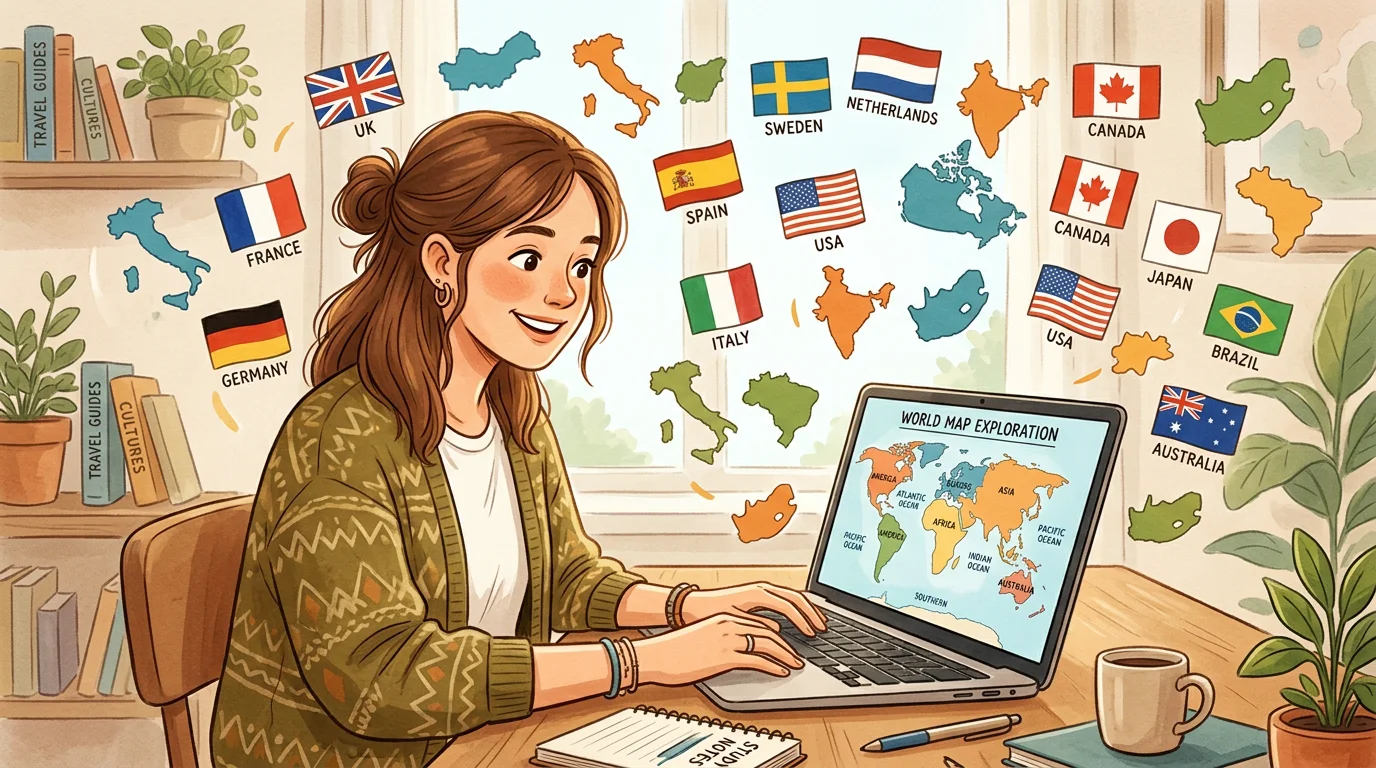 A young European woman matching flags, capitals and country shapes on a laptop