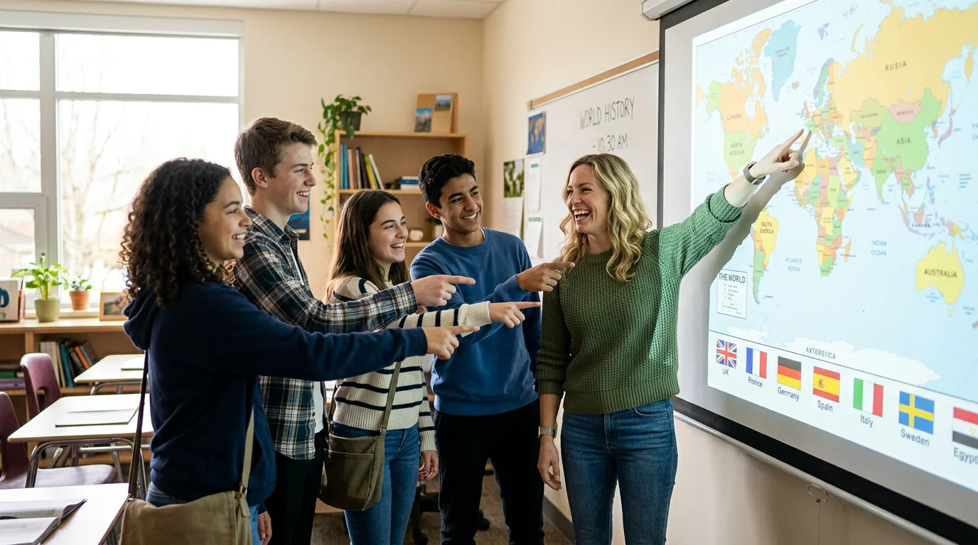 A European teacher and students identifying countries by flags in a bright classroom