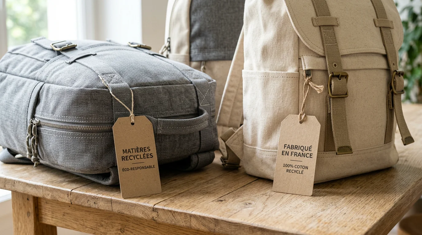 Sacs à dos publicitaires en matières recyclées présentés sur une table en bois