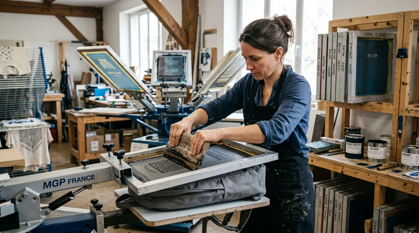 Marquage par sérigraphie d'un sac à dos dans un atelier