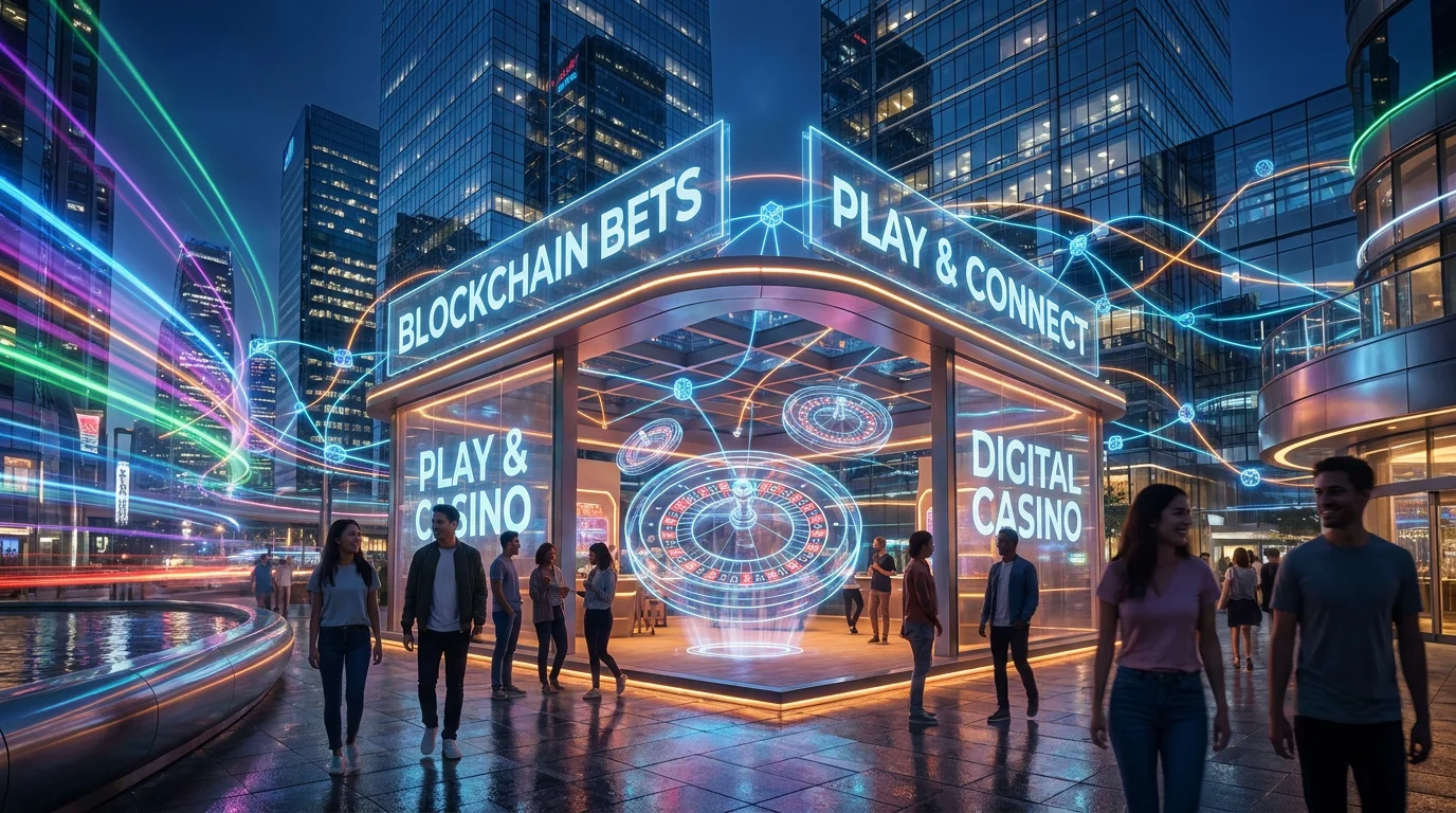 Futuristic neon-lit digital online casino cityscape with blockchain elements