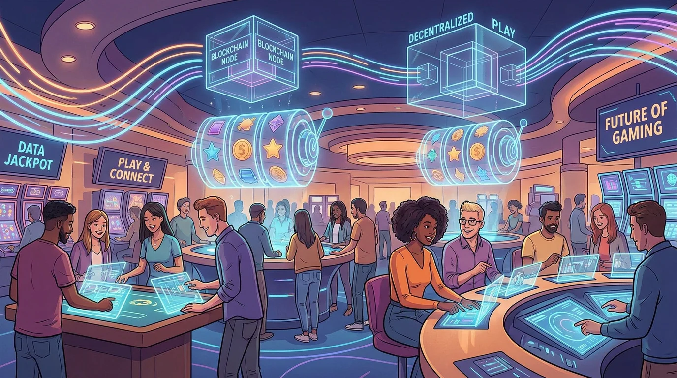 Futuristic digital online casino with blockchain data streams and holographic slot machines